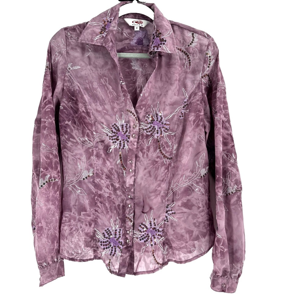 Roper Floral Sequin Pearl Snap Shirt Womens M Purple Embroidered Western Cowgirl